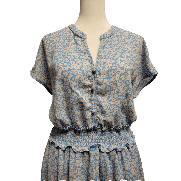 Cottagecore Womens Medium Dress Ditzy Floral Blue Cream Layered Smocked Prairie - Picture 3 of 11